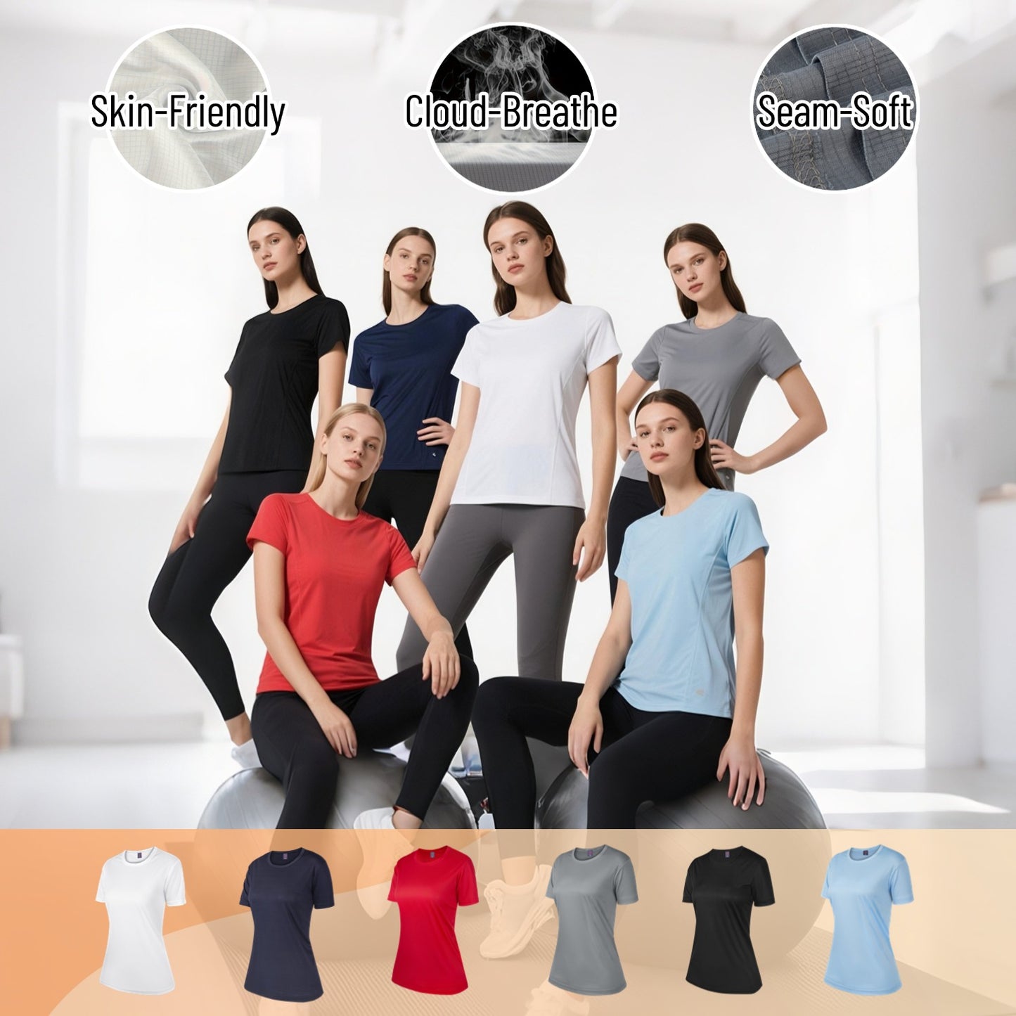 6pcs Women's Athletic T-Shirts - Breathable, Moisture-Wicking Fabric, Non-Stick, Round Neck, Stretch Fit for Gym & Fitness, Solid Colors